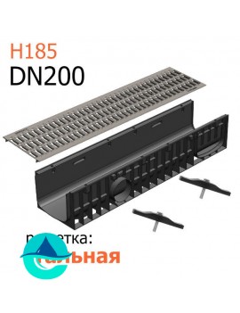 Лоток пластиковый DN200 H185 с решеткой штампованной оцинкованной и крепежом (комплект)